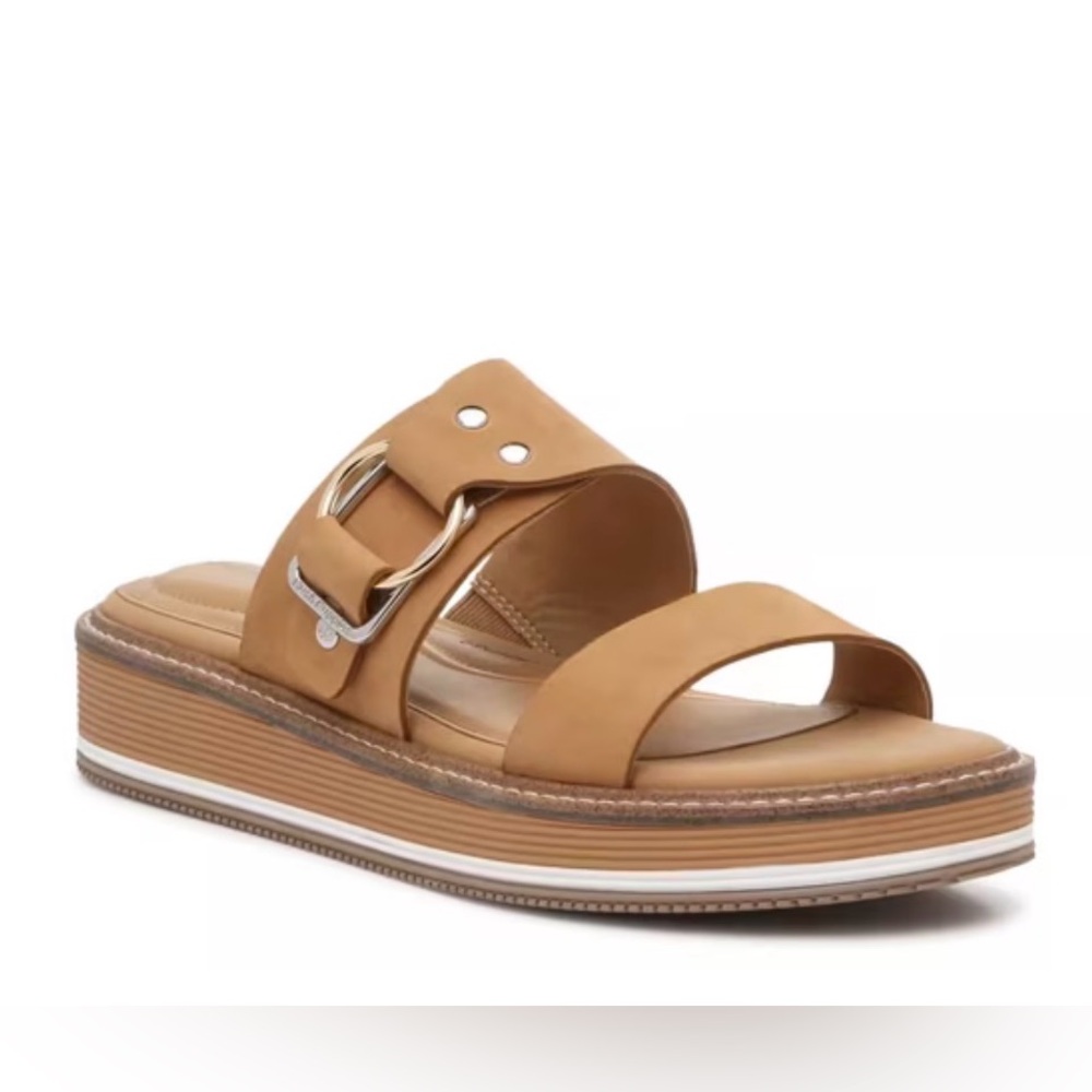 Women's Tan Platform Slide Sandal with Decorative Buckle